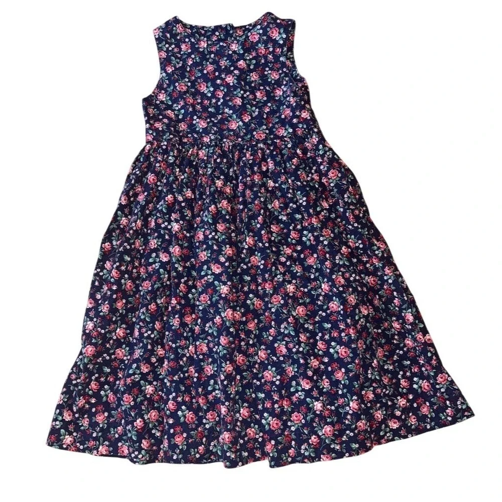 Handmade Girls Navy Pink Floral Cottagecore Sleeveless Dress Size 6